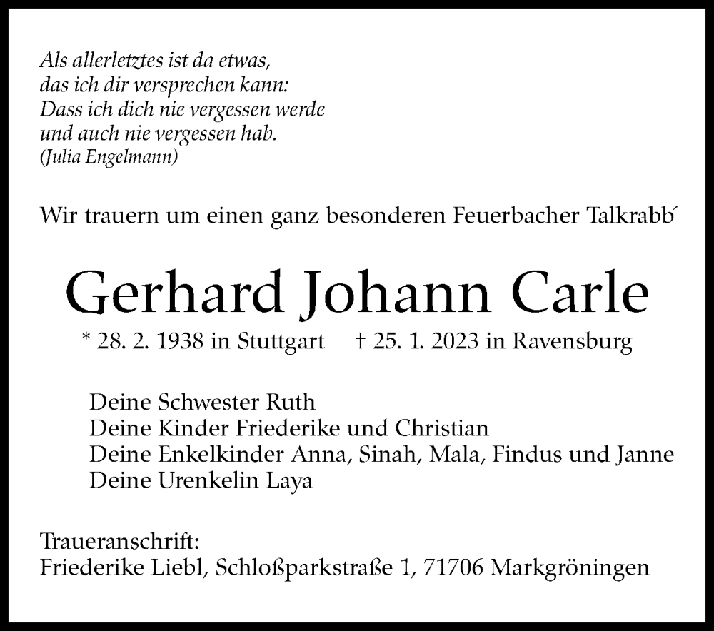  Traueranzeige für Gerhard Johann Carle vom 08.02.2023 aus Stuttgarter Zeitung / Stuttgarter Nachrichten