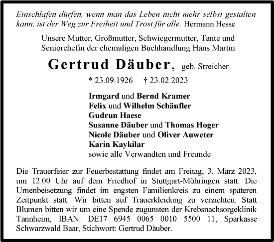 Traueranzeige von Gertrud Däuber von Stuttgarter Zeitung / Stuttgarter Nachrichten