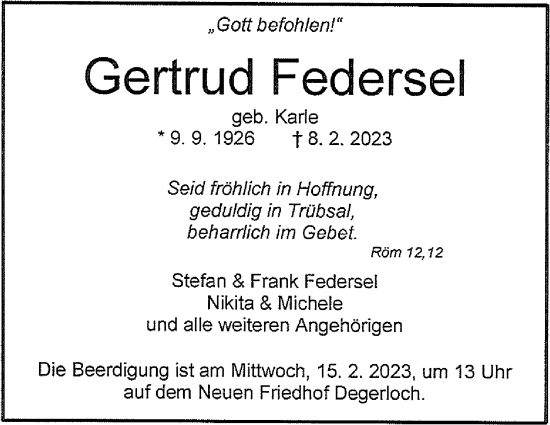Traueranzeige von Gertrud Federsel von Stuttgarter Zeitung / Stuttgarter Nachrichten