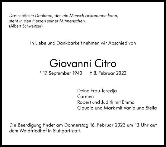 Traueranzeige von Giovanni Citro von Stuttgarter Zeitung / Stuttgarter Nachrichten
