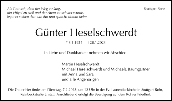 Traueranzeige von Günter Heselschwerdt von Stuttgarter Zeitung / Stuttgarter Nachrichten