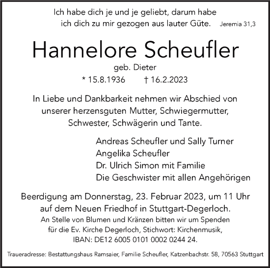 Traueranzeige von Hannelore Scheufler von Stuttgarter Zeitung / Stuttgarter Nachrichten