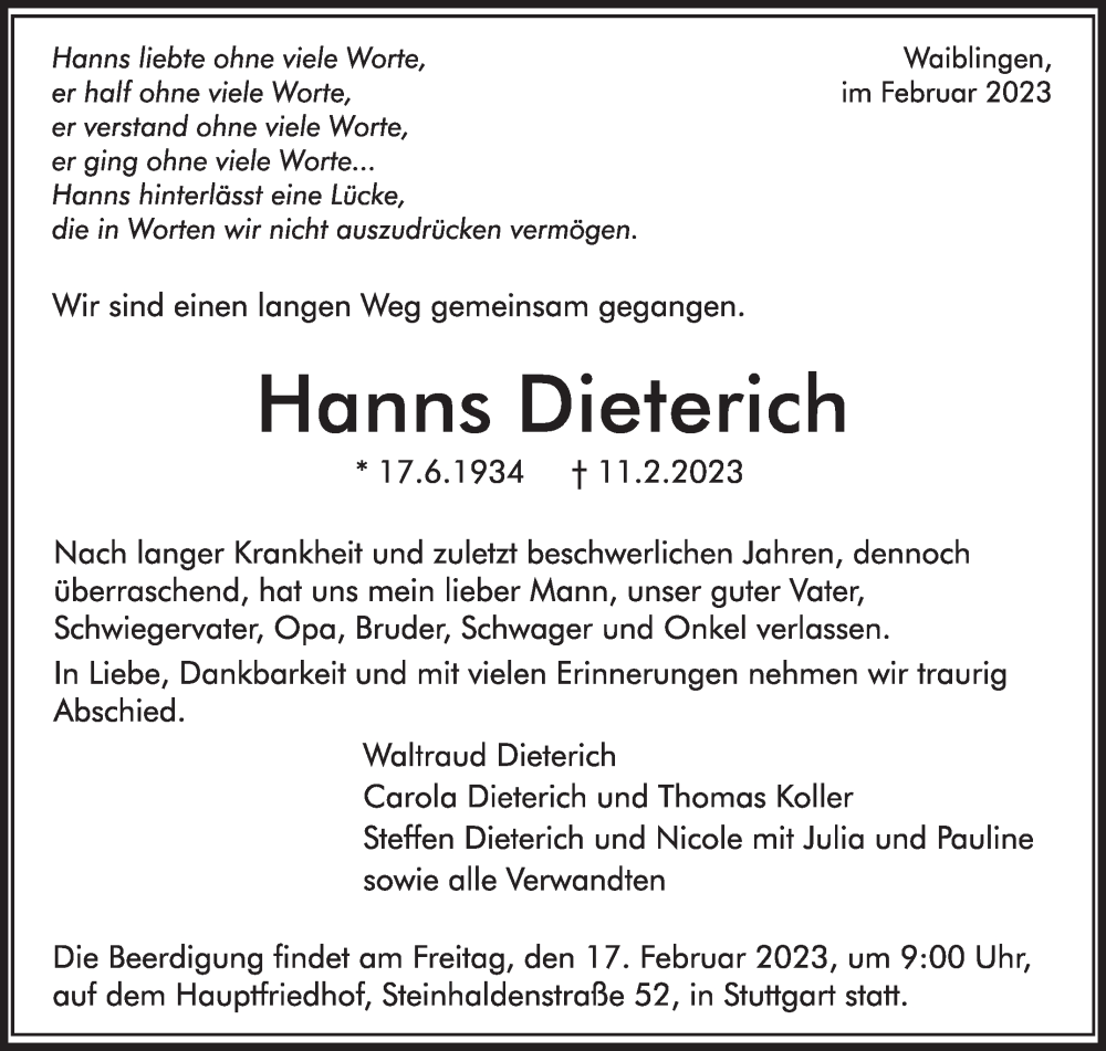  Traueranzeige für Hanns Dieterich vom 16.02.2023 aus Stuttgarter Zeitung / Stuttgarter Nachrichten