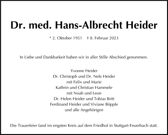 Traueranzeige von Hans-Albrecht Heider von Stuttgarter Zeitung / Stuttgarter Nachrichten