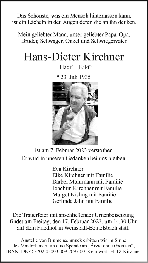  Traueranzeige für Hans-Dieter Kirchner vom 11.02.2023 aus Stuttgarter Zeitung / Stuttgarter Nachrichten