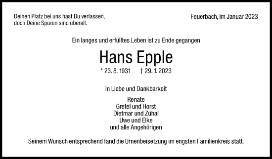 Traueranzeige von Hans Epple von Stuttgarter Zeitung / Stuttgarter Nachrichten