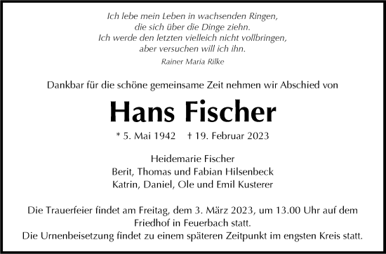 Traueranzeige von Hans Fischer von Stuttgarter Zeitung / Stuttgarter Nachrichten