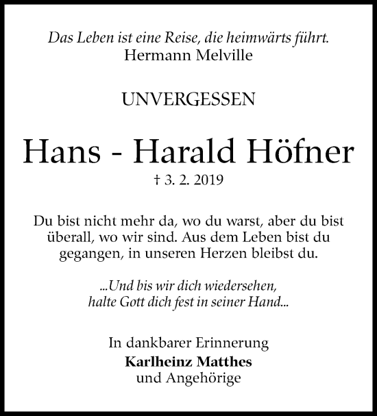 Traueranzeige von Hans-Harald Höfner von Stuttgarter Zeitung / Stuttgarter Nachrichten