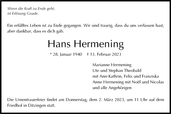 Traueranzeige von Hans Hermening von Stuttgarter Zeitung / Stuttgarter Nachrichten