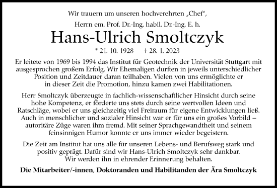 Traueranzeige von Hans-Ulrich Smoltczyk von Stuttgarter Zeitung / Stuttgarter Nachrichten
