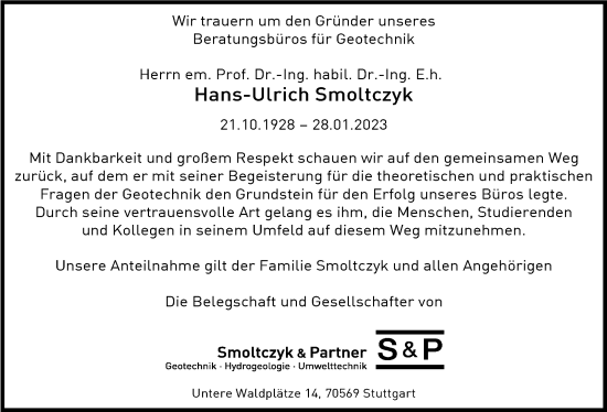 Traueranzeige von Hans-Ulrich Smoltczyk von Stuttgarter Zeitung / Stuttgarter Nachrichten
