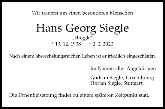 Traueranzeige von Hans Georg Siegle von Stuttgarter Zeitung / Stuttgarter Nachrichten