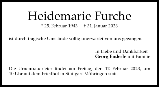 Traueranzeige von Heidemarie Furche von Stuttgarter Zeitung / Stuttgarter Nachrichten