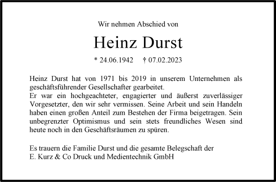 Traueranzeige von Heinz Durst von Stuttgarter Zeitung / Stuttgarter Nachrichten