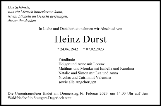Traueranzeige von Heinz Durst von Stuttgarter Zeitung / Stuttgarter Nachrichten