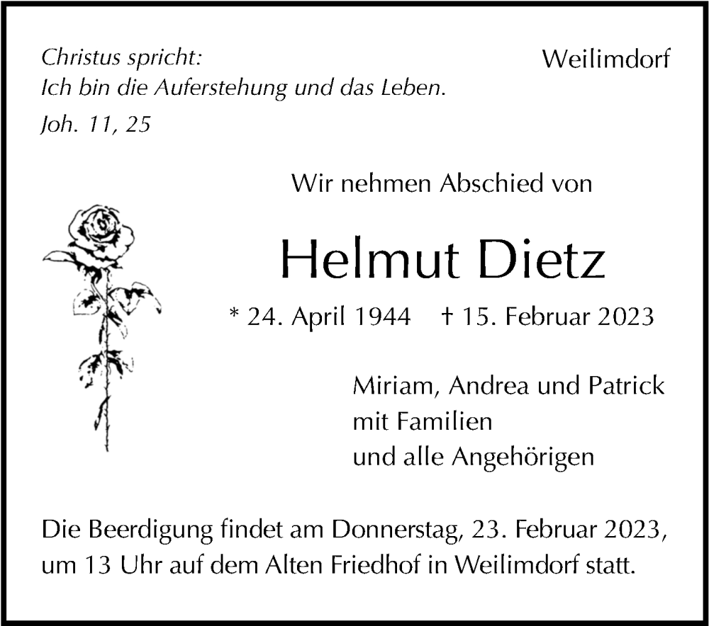  Traueranzeige für Helmut Dietz vom 21.02.2023 aus Stuttgarter Zeitung / Stuttgarter Nachrichten
