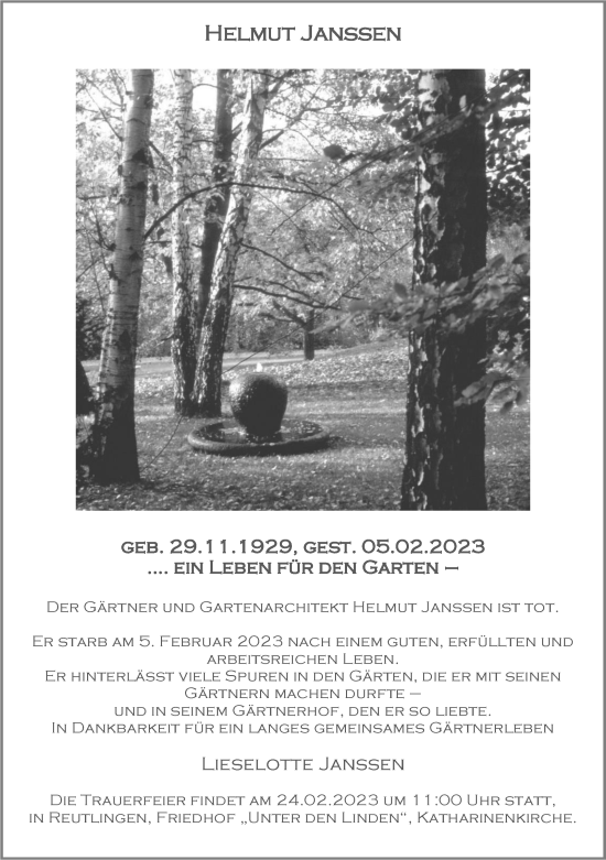 Traueranzeige von Helmut Janssen von Stuttgarter Zeitung / Stuttgarter Nachrichten