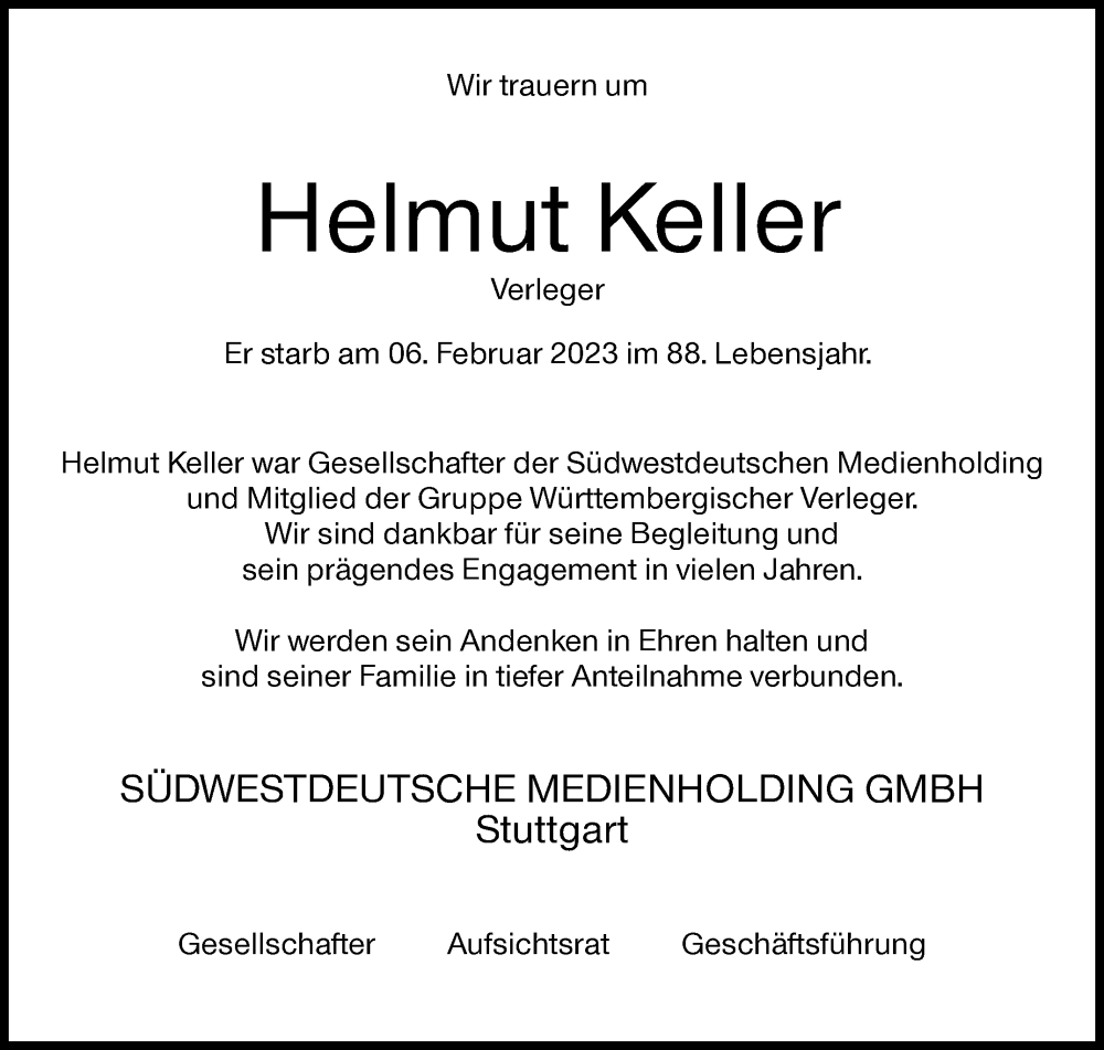  Traueranzeige für Helmut Keller vom 09.02.2023 aus Stuttgarter Zeitung / Stuttgarter Nachrichten