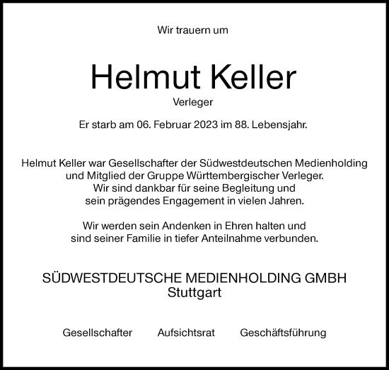 Traueranzeige von Helmut Keller von Stuttgarter Zeitung / Stuttgarter Nachrichten