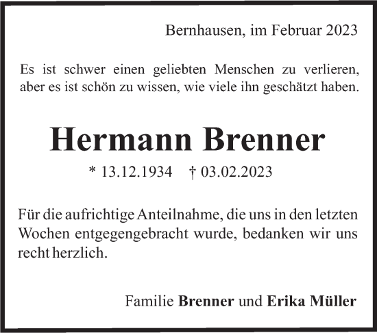Traueranzeige von Hermann Brenner von Stuttgarter Zeitung / Stuttgarter Nachrichten