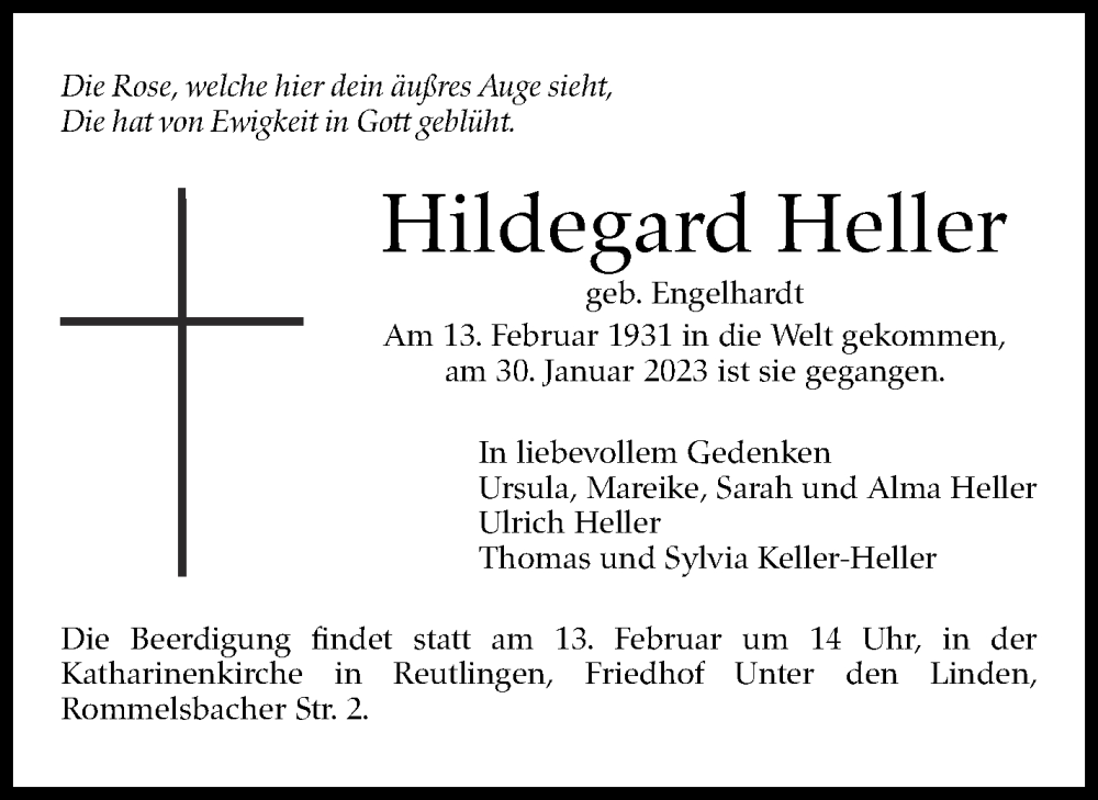  Traueranzeige für Hildegard Heller vom 11.02.2023 aus Stuttgarter Zeitung / Stuttgarter Nachrichten