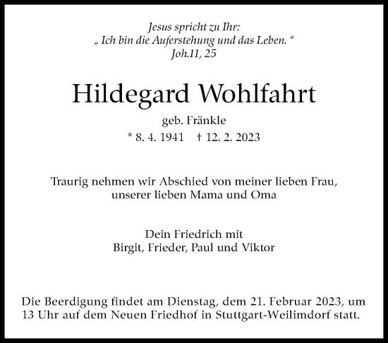Traueranzeige von Hildegard Wohlfahrt von Stuttgarter Zeitung / Stuttgarter Nachrichten