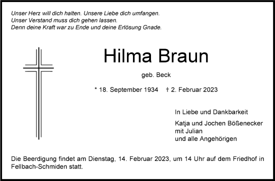 Traueranzeige von Hilma Braun von Stuttgarter Zeitung / Stuttgarter Nachrichten