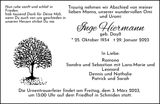Traueranzeige von Inge Hiermann von Stuttgarter Zeitung / Stuttgarter Nachrichten