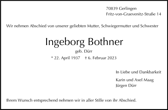 Traueranzeige von Ingeborg Bothner von Stuttgarter Zeitung / Stuttgarter Nachrichten