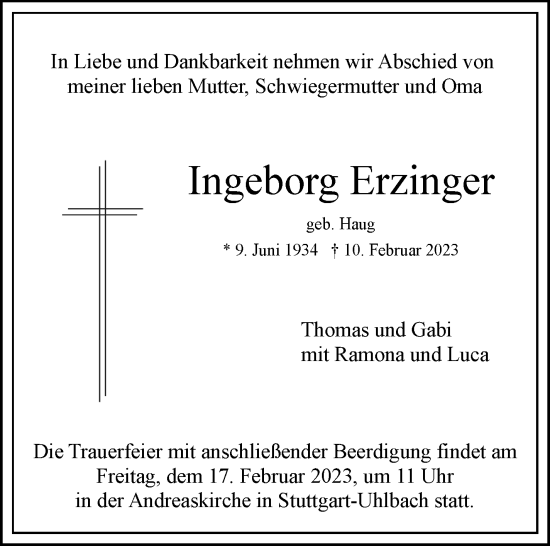 Traueranzeige von Ingeborg Erzinger von Stuttgarter Zeitung / Stuttgarter Nachrichten