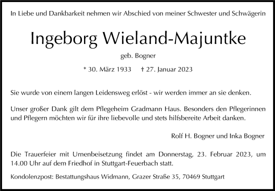 Traueranzeige von Ingeborg Wieland-Majuntke von Stuttgarter Zeitung / Stuttgarter Nachrichten