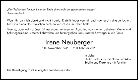 Traueranzeige von Irene Neuberger von Stuttgarter Zeitung / Stuttgarter Nachrichten