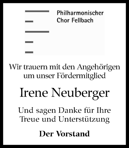 Traueranzeige von Irene Neuberger von Stuttgarter Zeitung / Stuttgarter Nachrichten