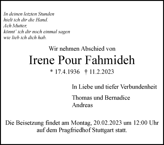 Traueranzeige von Irene Pour Fahmideh von Stuttgarter Zeitung / Stuttgarter Nachrichten
