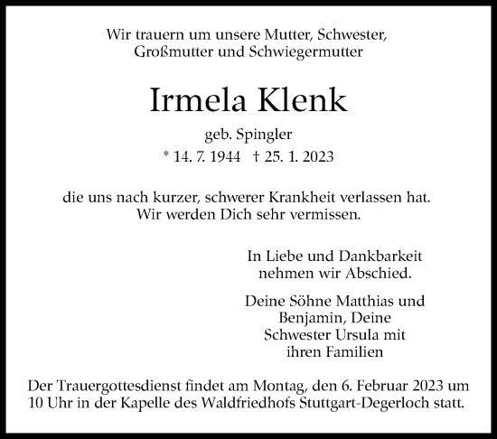 Traueranzeige von Irmela Klenk von Stuttgarter Zeitung / Stuttgarter Nachrichten