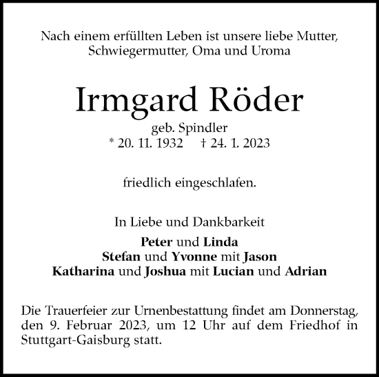 Traueranzeige von Irmgard Röder von Stuttgarter Zeitung / Stuttgarter Nachrichten
