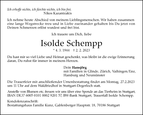 Traueranzeige von Isolde Schempp von Stuttgarter Zeitung / Stuttgarter Nachrichten