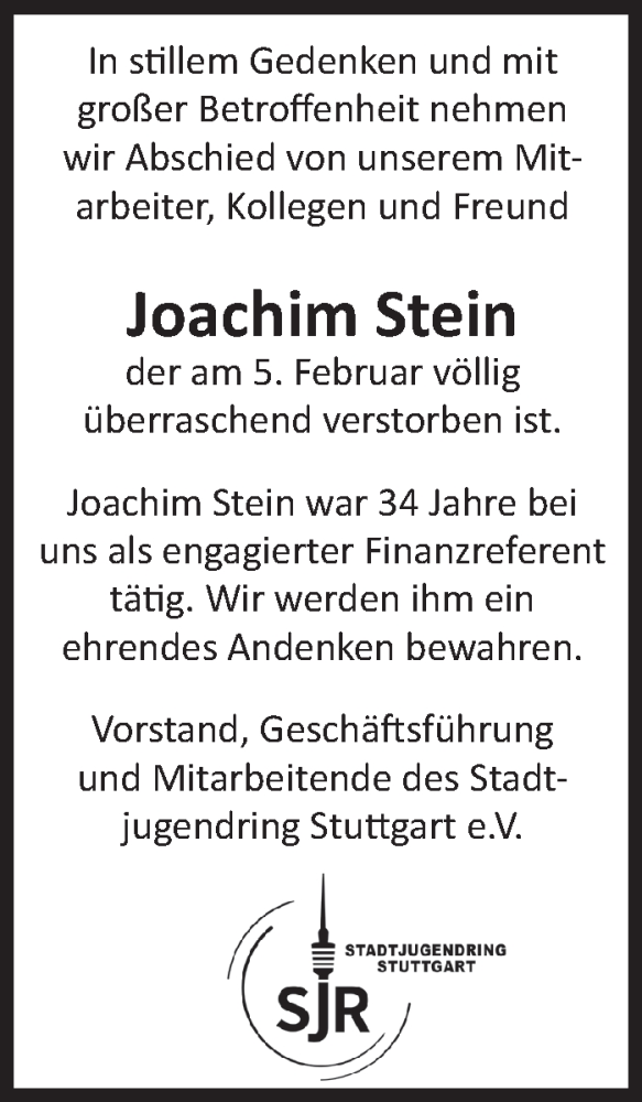  Traueranzeige für Joachim Stein vom 17.02.2023 aus Stuttgarter Zeitung / Stuttgarter Nachrichten