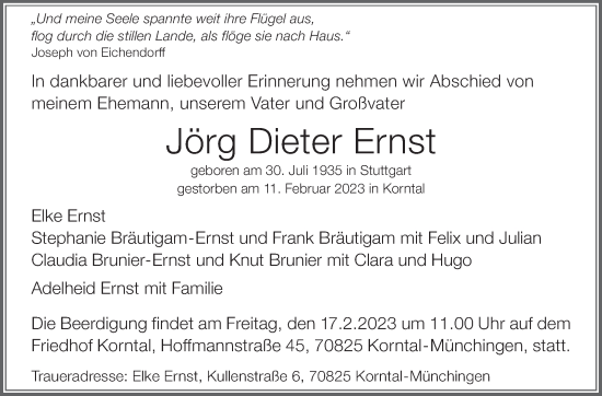 Traueranzeige von Jörg Dieter Ernst von Stuttgarter Zeitung / Stuttgarter Nachrichten