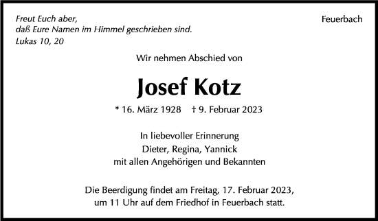 Traueranzeige von Josef Kotz von Stuttgarter Zeitung / Stuttgarter Nachrichten