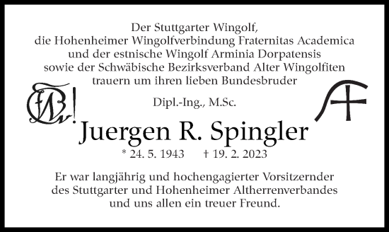 Traueranzeige von Juergen R. Spingler von Stuttgarter Zeitung / Stuttgarter Nachrichten