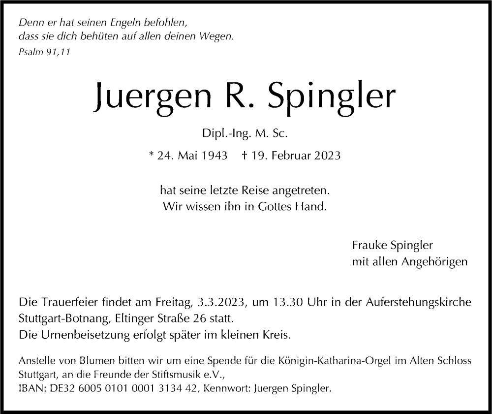  Traueranzeige für Juergen R. Spingler vom 25.02.2023 aus Stuttgarter Zeitung / Stuttgarter Nachrichten