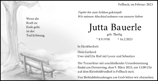 Traueranzeige von Jutta Bauerle von Stuttgarter Zeitung / Stuttgarter Nachrichten