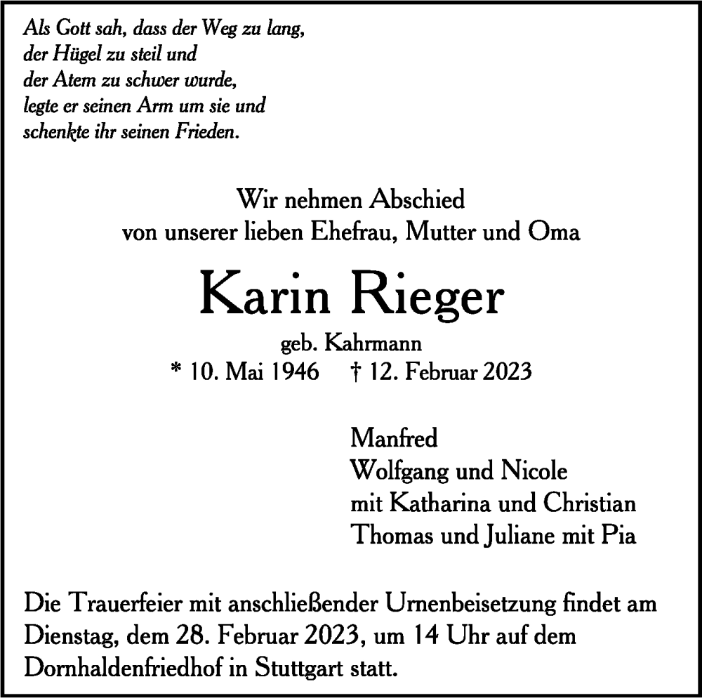  Traueranzeige für Karin Rieger vom 18.02.2023 aus Stuttgarter Zeitung / Stuttgarter Nachrichten