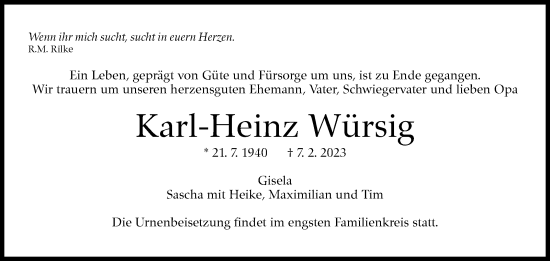 Traueranzeige von Karl-Heinz Würsig von Stuttgarter Zeitung / Stuttgarter Nachrichten