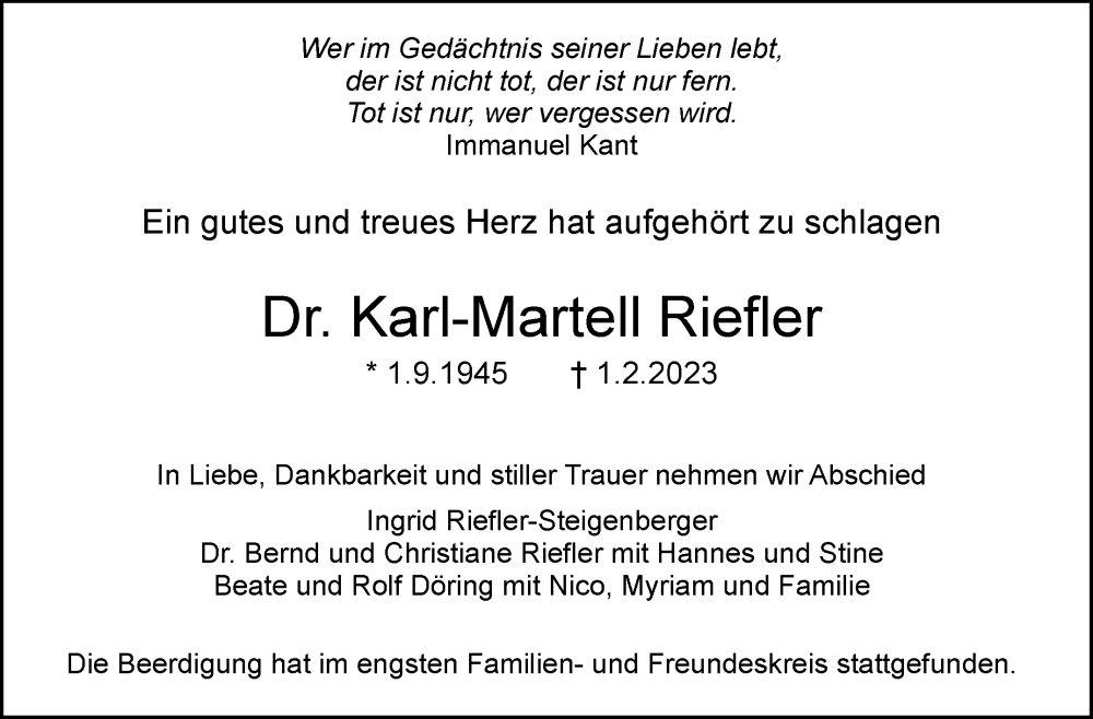  Traueranzeige für Karl-Martell Riefler vom 11.02.2023 aus Stuttgarter Zeitung / Stuttgarter Nachrichten