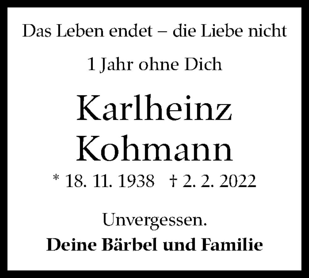  Traueranzeige für Karlheinz Kohmann vom 02.02.2023 aus Stuttgarter Zeitung / Stuttgarter Nachrichten