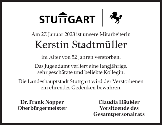 Traueranzeige von Kerstin Stadtmüller von Stuttgarter Zeitung / Stuttgarter Nachrichten