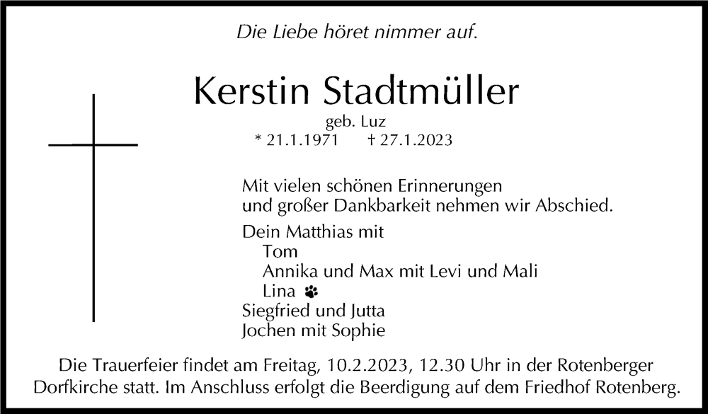  Traueranzeige für Kerstin Stadtmüller vom 04.02.2023 aus Stuttgarter Zeitung / Stuttgarter Nachrichten