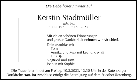 Traueranzeige von Kerstin Stadtmüller von Stuttgarter Zeitung / Stuttgarter Nachrichten